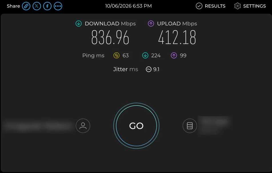 Speedtest result from a mobile phone over Wi-Fi showing 836.96 Mbps download and 412.18 Mbps upload against a remote server