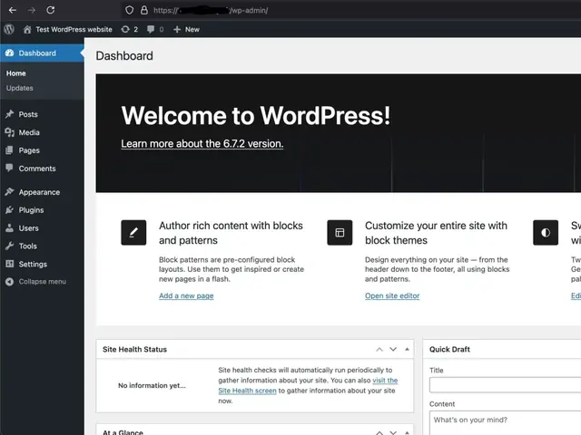 WordPress dashboard on VPS server